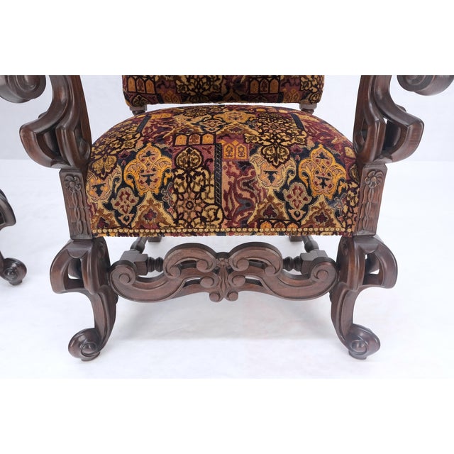 Wood Pair Gothic Oversized Heavily Carved Walnut Arm Chairs Tall Back Thrones MINT! For Sale - Image 7 of 13