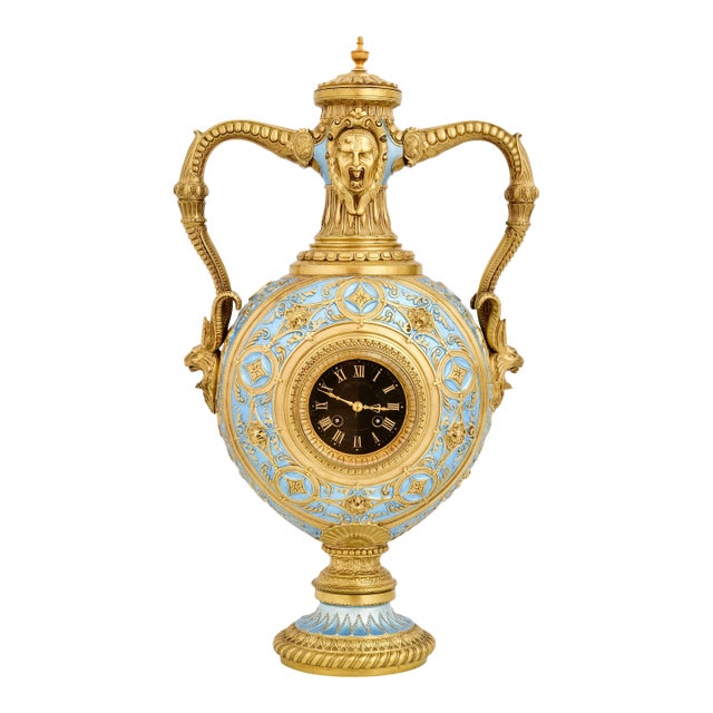 Antique French Gilt Bronze and Enamel Porcelain Urn-Form Clock, Mid 19th Century For Sale