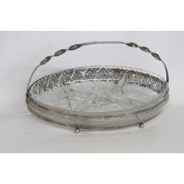 1960s Mayell Queen Anne Divided Glass Dish on Footed Silver Plated Handled Stand For Sale - Image 12 of 15