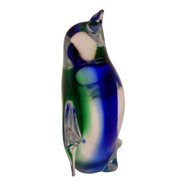 Vintage Murano-Esque Art Glass Blue & Green Penguin Figurine For Sale