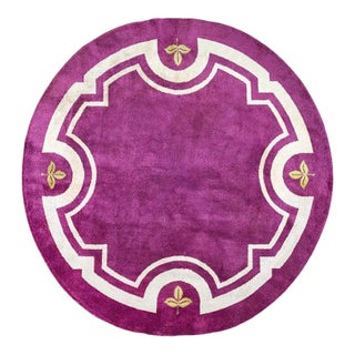 1930s Purple Round Minimalist Antique French Art Deco Rug 9' 2" X 9' 2" Handknotted Wool Carpet For Sale