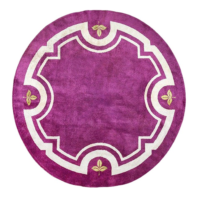 1930s Purple Round Minimalist Antique French Art Deco Rug 9' 2" X 9' 2" Handknotted Wool Carpet For Sale