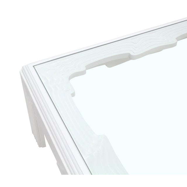Transparent Square Modern "Wave" Pattern Carving White Lacquer Coffee Table For Sale - Image 8 of 10
