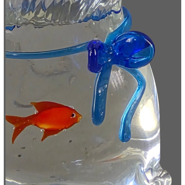 Mid-Century Modern Vintage Murano Fish Inside Bag Blue Ribbon Art Glass Paperweight Trinket Holder Desk Art Original Label For Sale - Image 3 of 11