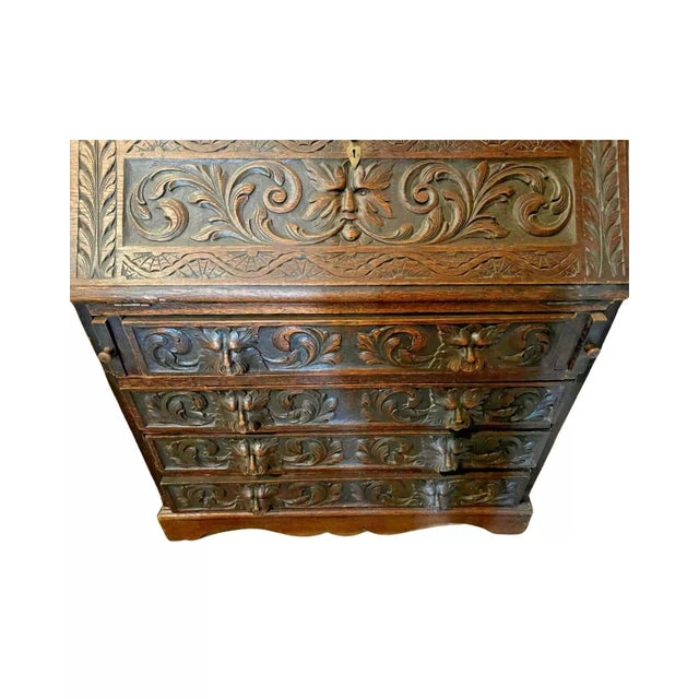 Carved Oak, Georgian, English, Slant Drop, 1800s Antique Secretaire, Desk, For Sale In Austin - Image 6 of 8