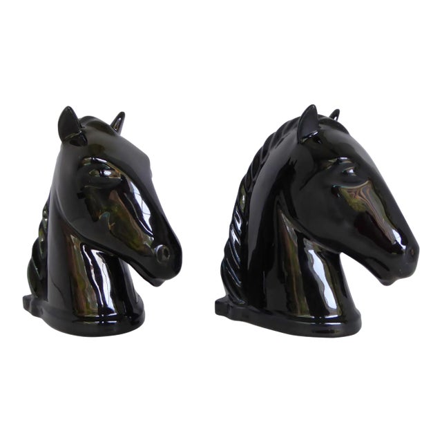 American Deco Pair of Ceramic Black Horse Head Bookends by Abingdon Pottery, 1940s For Sale