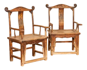 Pair, Antique Carved Elmwood Arm Chairs From China