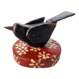 Contemporary Folk Art by Mikel Davison - Little Black Bird on Flowered Red Base For Sale