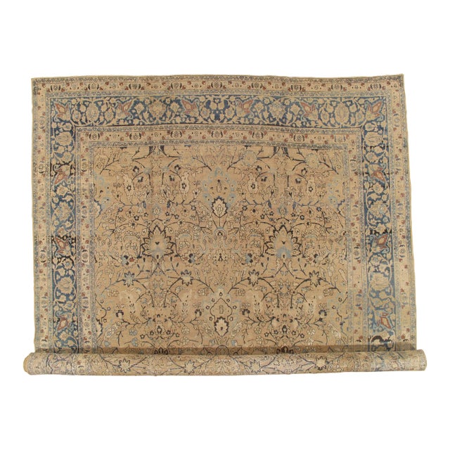 Antique Tabriz Fine Carpet, Handmade Persian Rug in Blue, Taupe, Soft Caramel For Sale