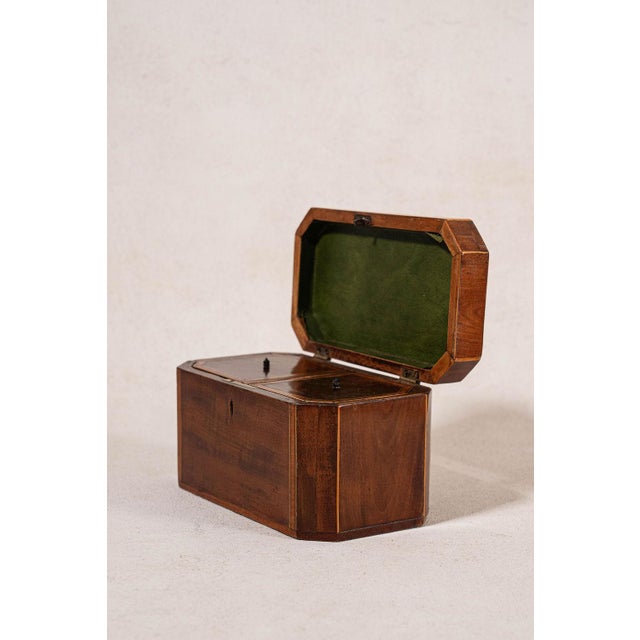 19th Century English Mahogany Tea Caddy With Satinwood Inlay and Intact Interior Compartments For Sale - Image 4 of 6