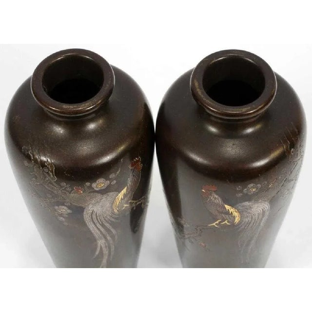 Late 19th Century Japanese Bronze Vase with Metal Inlays by Mitsufune - Pair For Sale - Image 5 of 13