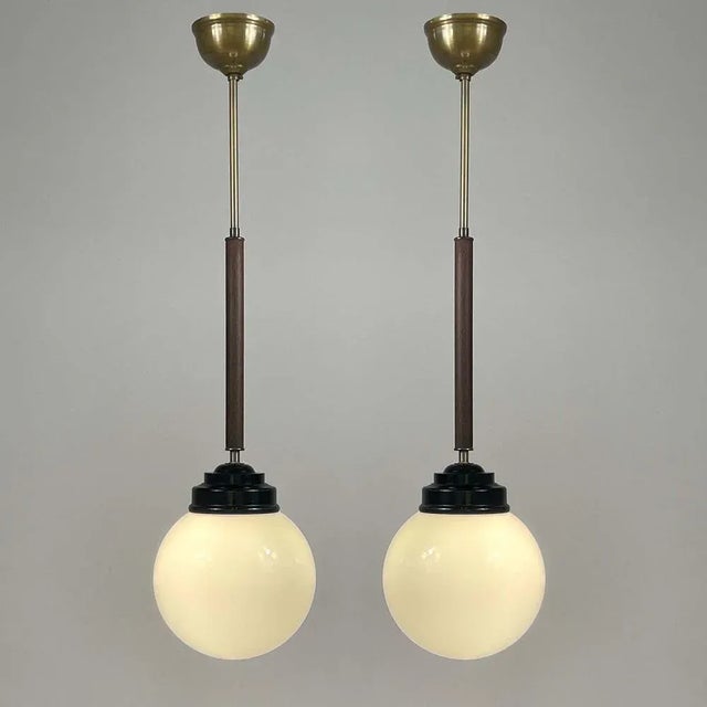 Opaline Glass, Bakelite and Wood Pendant from Sieverts Kabelverk, Sweden, 1940s For Sale - Image 3 of 15