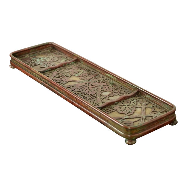 Tiffany Studios New York Grapevine Pattern Bronze and Favrile Slag Glass Pen Tray For Sale