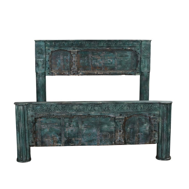 Wood Complete King Size Bed Constructed From an Antique Painted Teakwood Gujarati Door and Pillars For Sale - Image 7 of 10