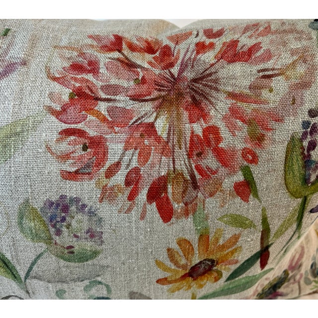 2020s Large Bolster Pillow Decorated With a Delicate Water Color Look Floral Pattern of Rich Blues, Pinks and Yellows - Made in the U K For Sale - Image 5 of 12