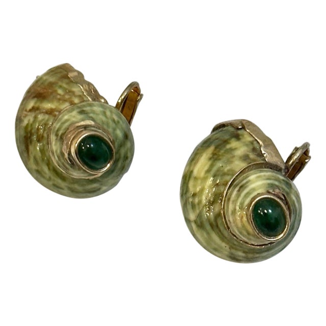 Vintage Turbo Shell Emerald Gold Earring Mother of Pearl Clip on Earring For Sale