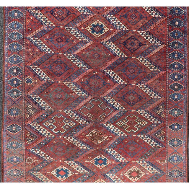 Antique Turkestan Beshir Rug With Deep Red Field and Repeating Diamond Motifs For Sale In Atlanta - Image 6 of 15