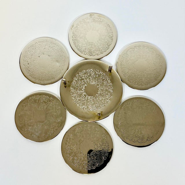 Metal Mid Century Hollywood Regency Chippendale Silver Plate Coasters and Caddy - Set of 7 For Sale - Image 7 of 15
