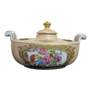Vintage Limoges French Porcelain Hand Painted Floral Inkwell Incense Lidded Jar