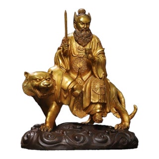 Late 19th Century Gilt Bronze Zhang Tianshi Statue on Tiger, Taoist Deity, 8.76kg For Sale