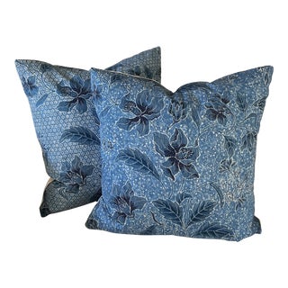 Designer Quadrille Chine Seas Blue Antik Batik Cotton 22” Pillows With Down Inserts- a Pair For Sale