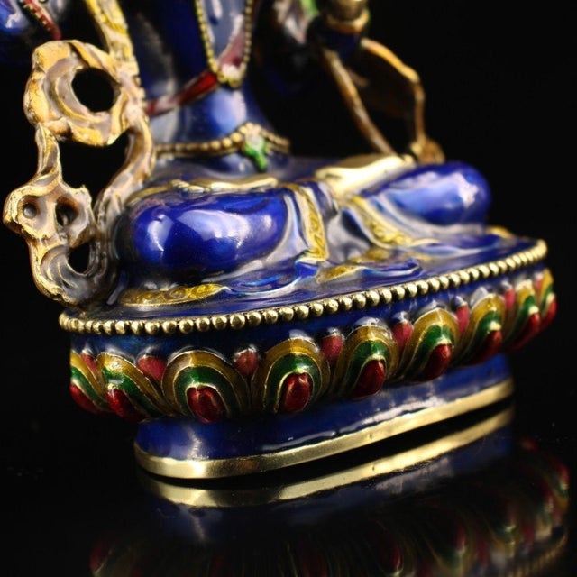 Late 20th Century Vintage Cloisonné Enamel Bronze Manjushri Statue Buddhist Deity Sword 8.3" For Sale - Image 5 of 9