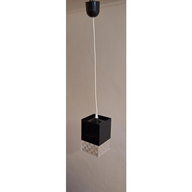 Vintage Ceiling Lamp with Square Black Opaque Plastic Shade with Transparent Patterned Acrylic , 1970s For Sale - Image 4 of 7