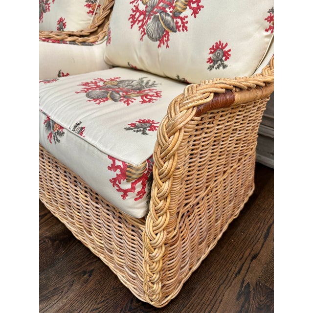 Wood Coastal Braided Rattan Arm Chairs W/ Scalamandre Fabric For Sale - Image 7 of 10
