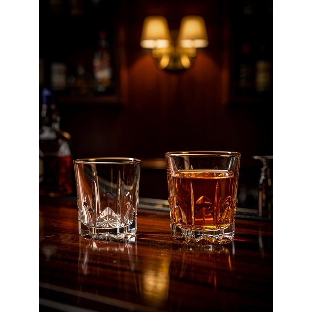 Transparent Vintage Set of 8 Whiskey & Scotch Old Fashion Drinking Bar Glasses Gold Rim For Sale - Image 8 of 9