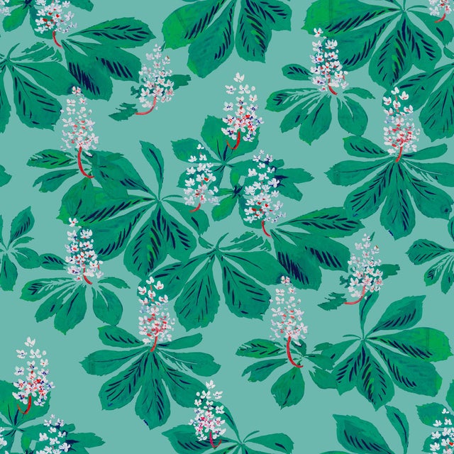 Sample - Blossoming Flowers Wallpaper by Paule Marrot in Turqoise For Sale