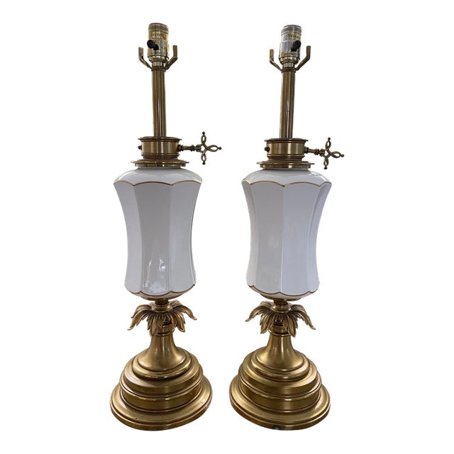 Vintage Stiffel Creamy White Ceramic and Brass Plume Buffet or Table Lamps, a Pair For Sale