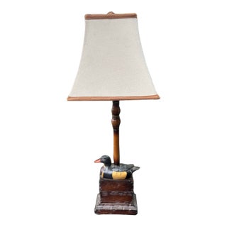 Vintage Hand-Painted Duck Table Lamp With Faux Bamboo Base & Linen Shade For Sale
