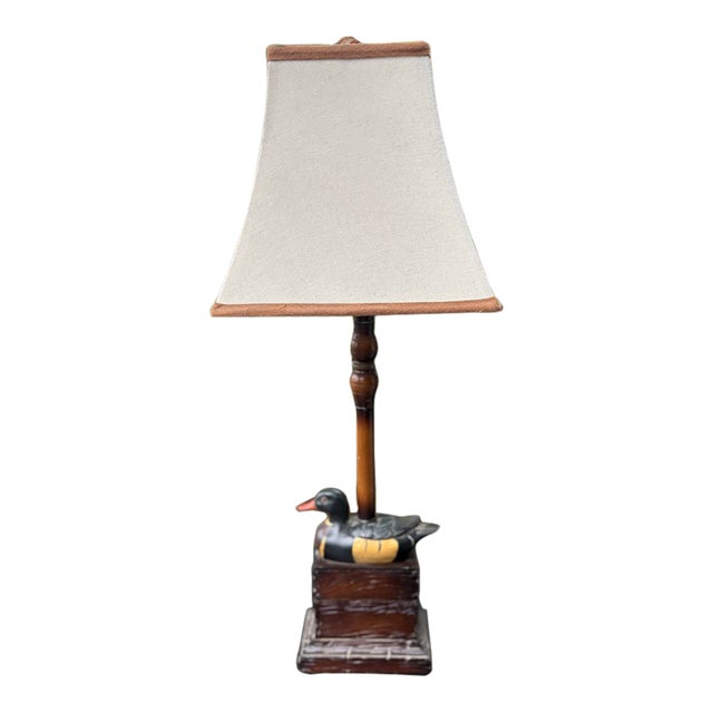 Vintage Hand-Painted Duck Table Lamp With Faux Bamboo Base & Linen Shade For Sale