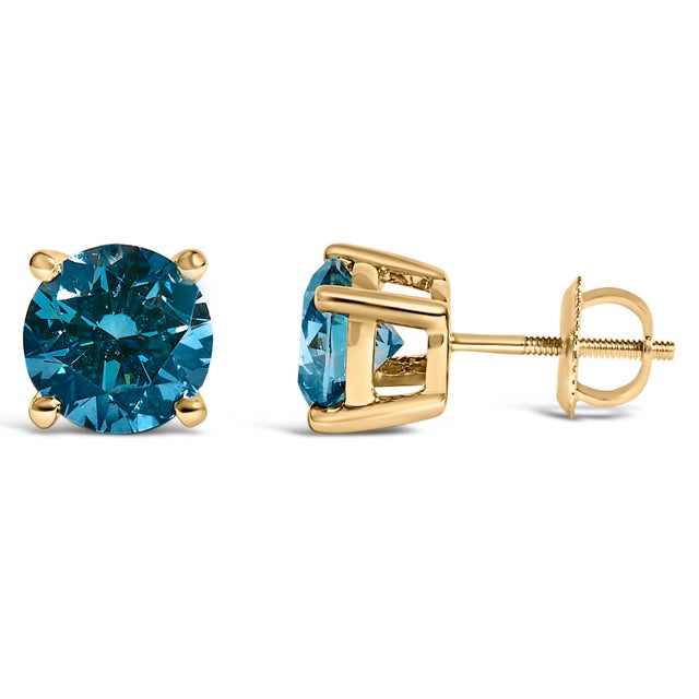 Contemporary 14K Yellow Gold 3.00 Cttw Blue Lab Grown Diamond Stud Earrings with Screw Backs For Sale - Image 3 of 5