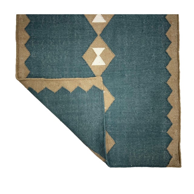 Handmade New Zealand Wool Dhurrie Runner, Turquoise Blue, Cream and Beige Diamond Runner Rug - 3'x12' For Sale - Image 14 of 15