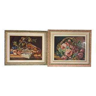 Vintage Wool Embroidery Artworks, 1980s, Set of 2 For Sale