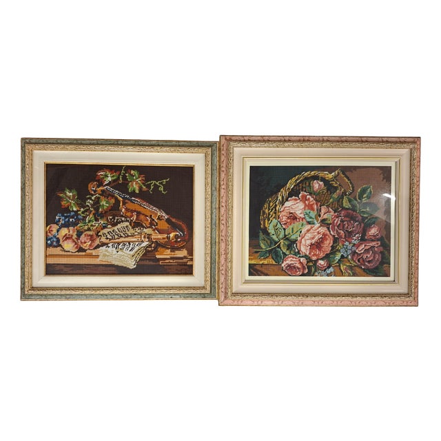 Vintage Wool Embroidery Artworks, 1980s, Set of 2 For Sale