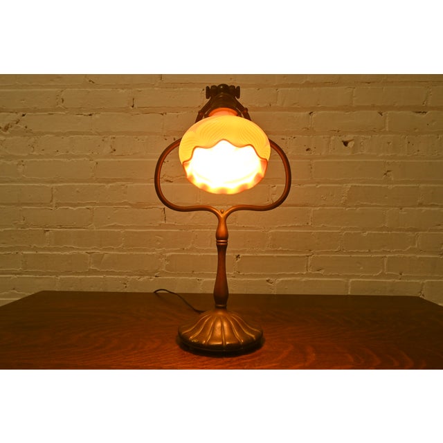 Early 20th Century Tiffany Studios New York Bronze Harp Desk Lamp With Pulled Feather Favrile Glass Shade For Sale - Image 5 of 15