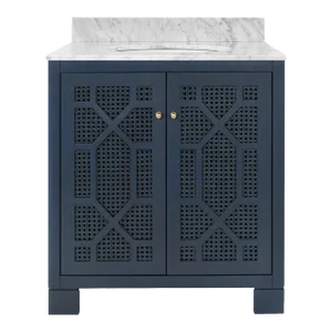 Matthew Izzo Home Schaffer Navy Blue Lacquer, Single Sink Bath Vanity With Two Caned Doors- Carrara Marble Top, Porcelain Sink, Brass Hardware