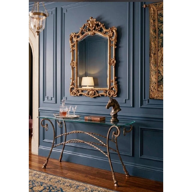 1990s Vintage Italian Maitland Smith Style Scalloped Glass Top Iron Rope Hoof Foot Gold Console Table For Sale - Image 5 of 12