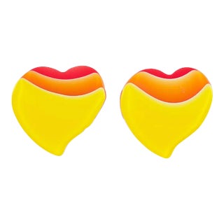 Pop Art Lucite Oversized Heart Sunny Color Pair of Clip Earrings For Sale