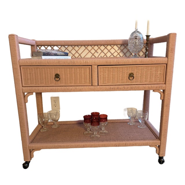 Vintage Henry Link Wicker Bar Cart / Side Table - Two Drawers & Casters For Sale