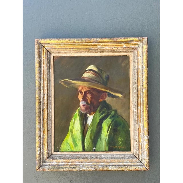 Lime Vintage Framed Oil Painting of Man in Hat For Sale - Image 8 of 12