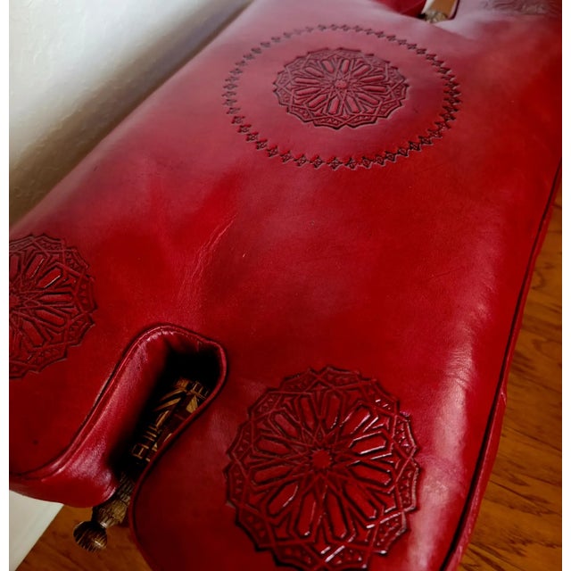 Handcrafted Moroccan Camel Saddle, Genuine Leather Cushion Stool / Ruby Red For Sale - Image 4 of 10