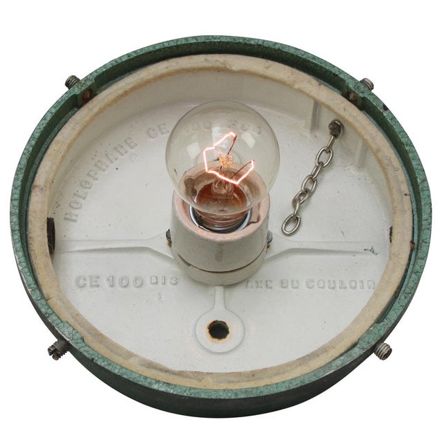 Green Vintage French Industrial Green Cast Iron and Frosted Cut Glass Flush Mount from Holophane For Sale - Image 8 of 9