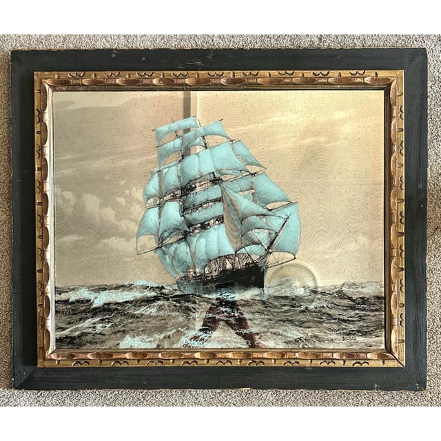 Mid-Century Nautical Mirror With Clipper Ship Artwork | Hoyne Industries / M. Bohdal | Rustic Barn Wood & Gilt Frame For Sale - Image 12 of 12