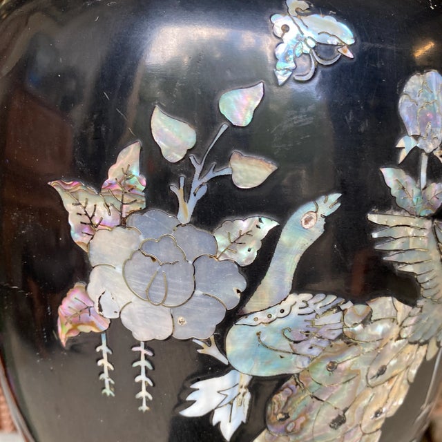 1970s Tall Black Asian Mother of Pearl Peacock Details Vase For Sale In Atlanta - Image 6 of 8