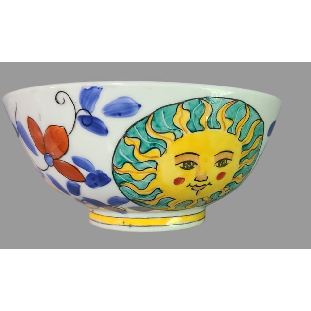 Chinoiserie Vintage Wbi Chinoiserie Happy Sun Face Floral Colorful Hand Painted Bowl For Sale - Image 3 of 7