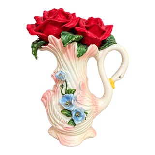 Vintage Classic Treasures Swan Vase With Porcelain Red Roses, 8” For Sale