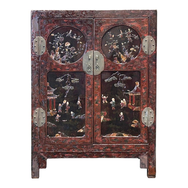 Vintage Chinoiseries Brick Red & Stone Inlay Graphic Credenza Cabinet For Sale